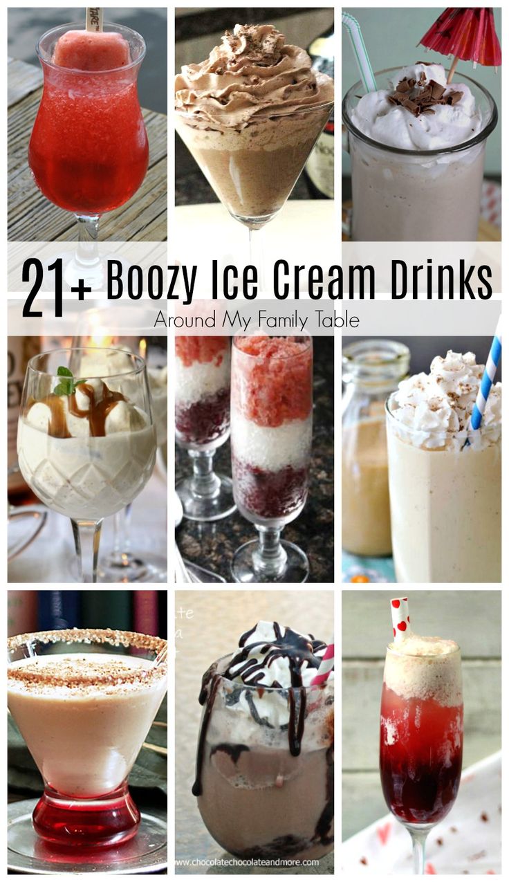 the collage shows different types of ice cream drinks and desserts, including milkshakes