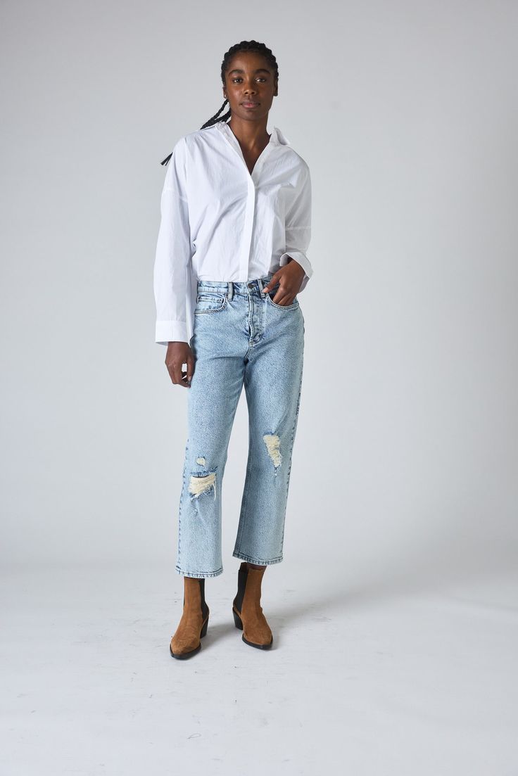 Feel nostalgic in these 90's style distressed denim pants. Keep your look casual with a loose fitting tee and sneakers, or style them up with a blouse and heels. Loose Fit Distressed Fabric Belt Loops Hits above the Ankle *These pants run a little small. We recommend you order a size up. Loose Fit Denim, Distressed Fabric, Indigo Colour, Pleated Blouse, Fabric Belt, Look Casual, The 90s, Fashion Help, Personal Stylist