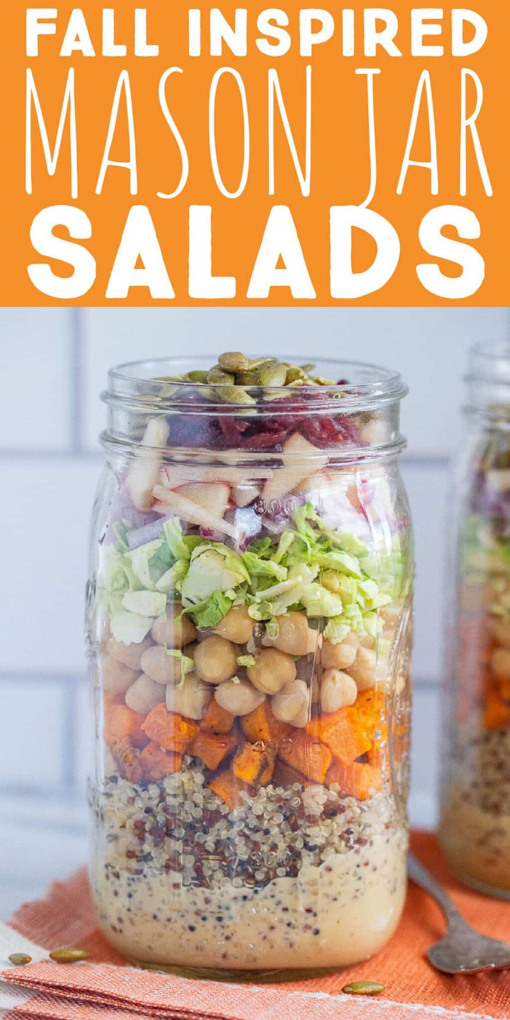 These Fall Inspired Mason Jar Salads are easy to assemble and great for meal prep lunches! They're packed with protein, veggies, vitamins and nutrients. The creamy apple cider vinegar dressing gives these salads a cozy feel, the sweet potato, apples and cranberries add sweetness and the quinoa, chickpeas and brussels sprouts bulk it up. Enjoy this fresh autumn recipe that will fill you up and make you feel good! #masonjarsalad #fallharvestsalad #mealprep #veganlunch #glutenfree Whole 30 Mason Jar Salads, Fall Mason Jar Salads, Easy Mason Jar Lunch Ideas, Jar Salad Meal Prep, Meal Prep Mason Jars Recipes, Mason Jar Salads For A Week, Mason Jar Lunch Ideas, Mason Jar Lunches, Jar Lunch Ideas