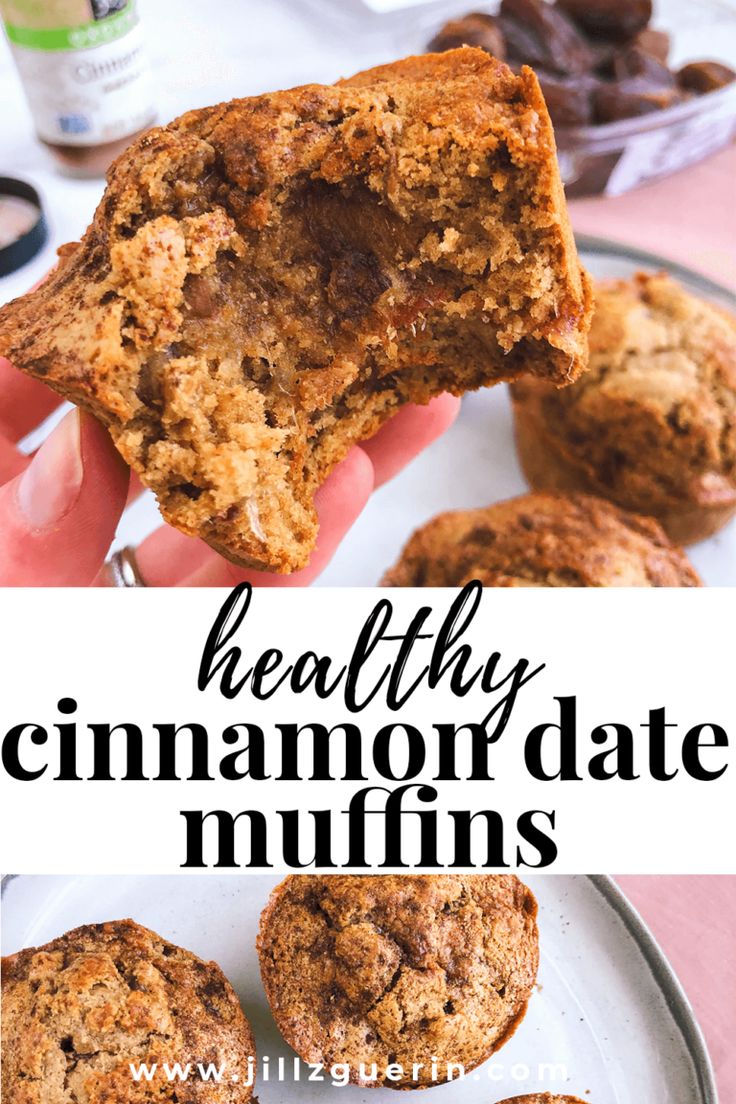 a close up of a muffin on a plate with the words healthy cinnamon date muffins