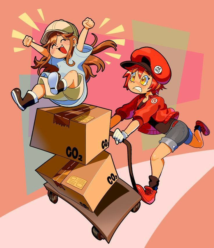 two girls are riding on top of boxes and one girl is jumping off the cart