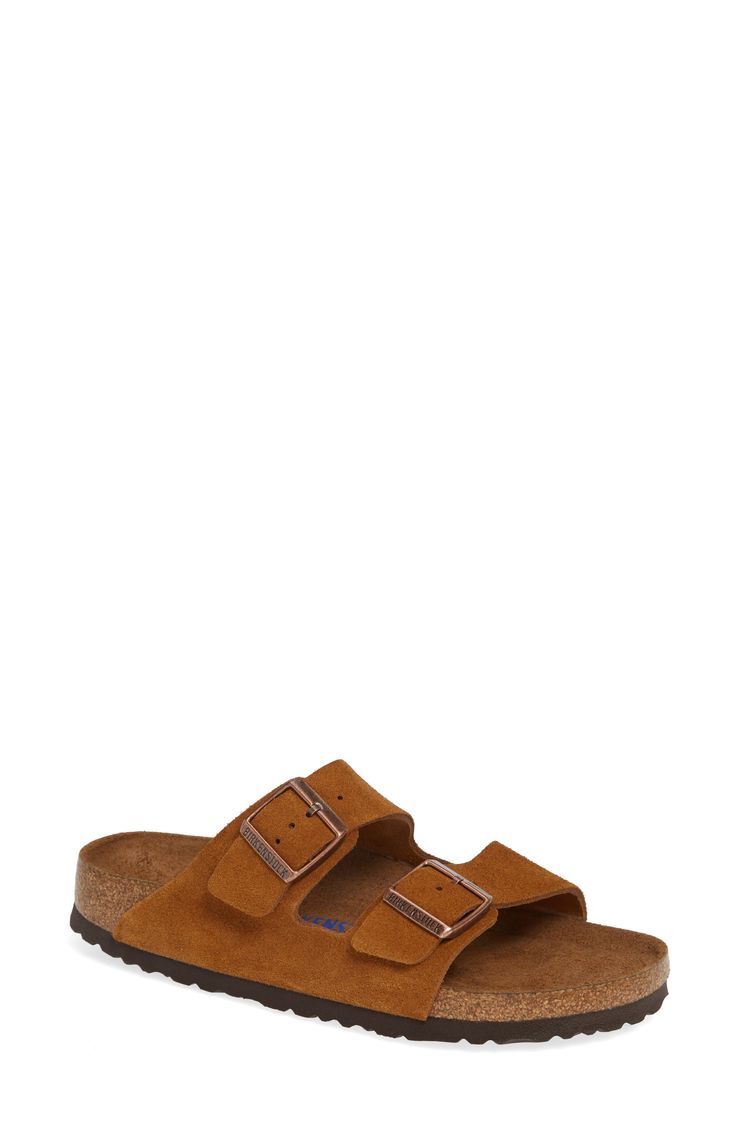 A sandal pairs a duo of buckled straps with a legendary footbed that mimics the shape of the foot with excellent support. The cork and latex footbed absorbs shock and mimics the shape of a healthy foot, while pronounced medial and metatarsal arches support the instep and ball of your foot. Style Name:Birkenstock Arizona Soft Slide Sandal (Women). Style Number: 38321. Available in stores. Classic Slides With Buckle Closure, Classic Slide Sandals With Buckle Closure, Comfortable Double Strap Footbed Sandals With Buckle, Comfortable Slides With Buckle Closure And Round Toe, Classic Flat Slides With Buckle Closure, Classic Footbed Sandals With Buckle Closure, Classic Double Strap Footbed Sandals With Buckle, Suede Slide Sandals With Buckle Closure, Leather Footbed Sandals With Buckle Closure