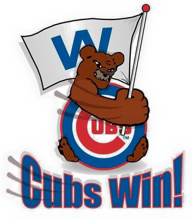 the cubs win logo is shown with a bear holding a baseball bat and a flag