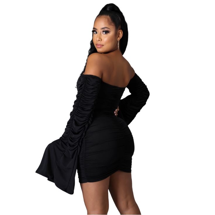 Brand New Trendy Black Ruched Bodycon Dress, Black Ruched Mini Dress For Going Out, Mini Dress With Sleeves, Business Fashion, Bell Sleeves, Colorful Dresses, Mini Dress, Womens Dresses, Brand New