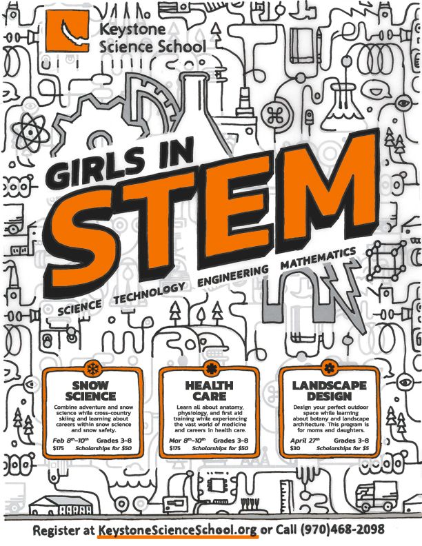 #science #technology #engineering #math Poster for Girls in STEM programs at the Keystone Science School Stem Poster Ideas, Stem Graphic Design, Stem Poster Design, Stem Posters For Classroom, Math Poster Design, Cool Drawings Ideas, Poster About Science And Technology, Engineering Poster Design Illustrations, Programming Poster