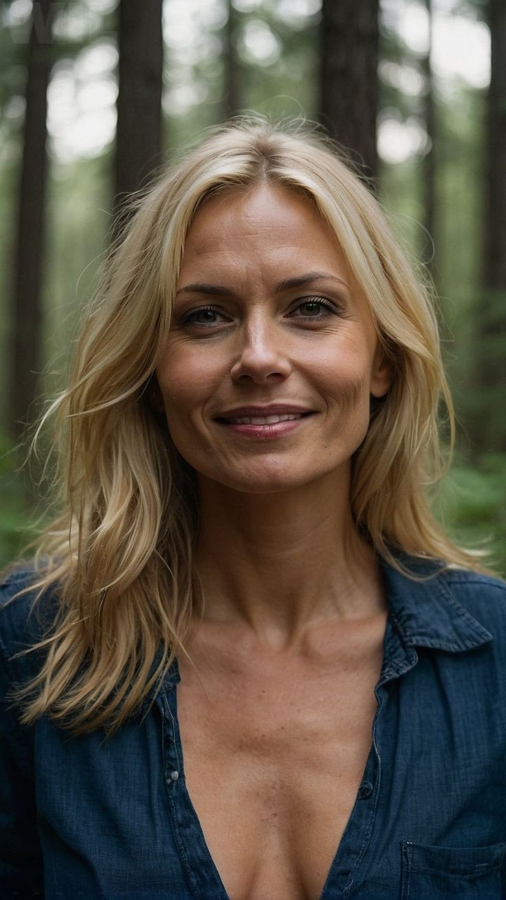 a woman standing in the middle of a forest smiling at the camera with trees behind her