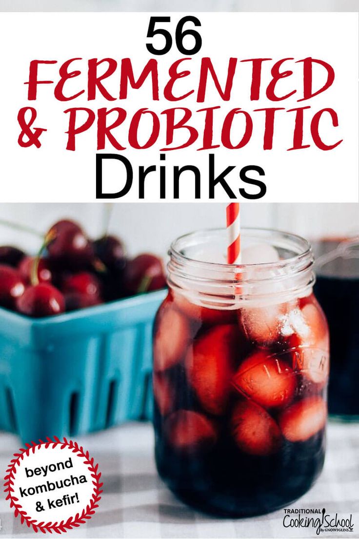 a mason jar filled with cherries and text overlay reads 50 fermented and probiotic drinks