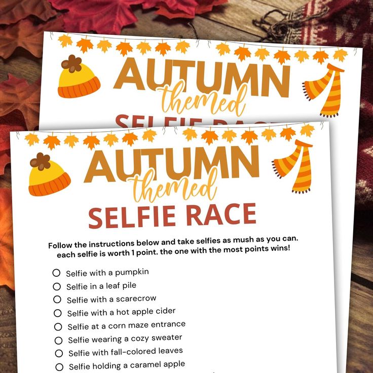 an autumn themed selfie race is shown with the words selfie race on it