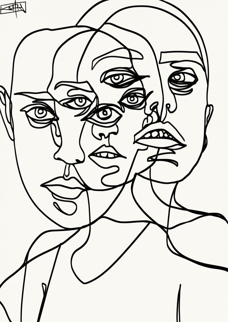 a black and white drawing of two people with different facial expressions on their faces, one man's face is partially obscured by the other