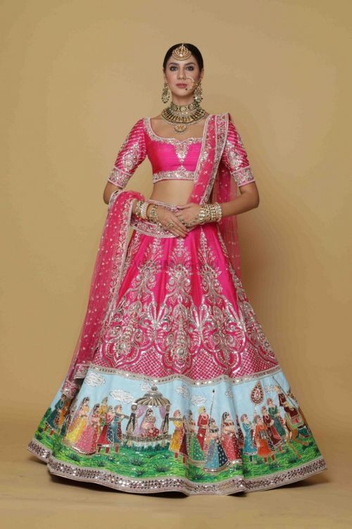 Hot pink hand painted lehenga by Neeta Lulla Sabyasachi Suits, Chania Choli, Brocade Suits, Pink Bridal Lehenga, Lehenga Top, Brocade Lehenga, Heavy Lehenga, Raw Silk Lehenga, Neeta Lulla