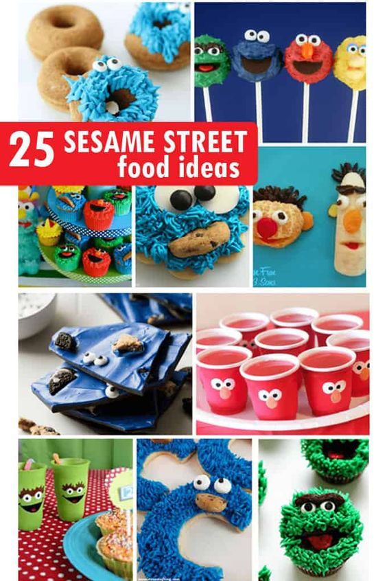 the cover of 25 sesame street food ideas, including donuts and cupcakes