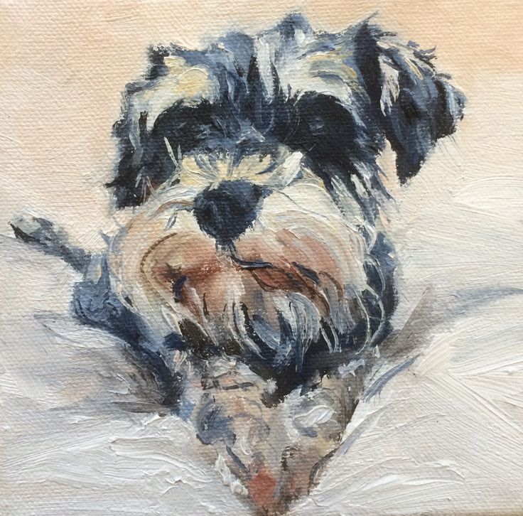 a painting of a black and white dog