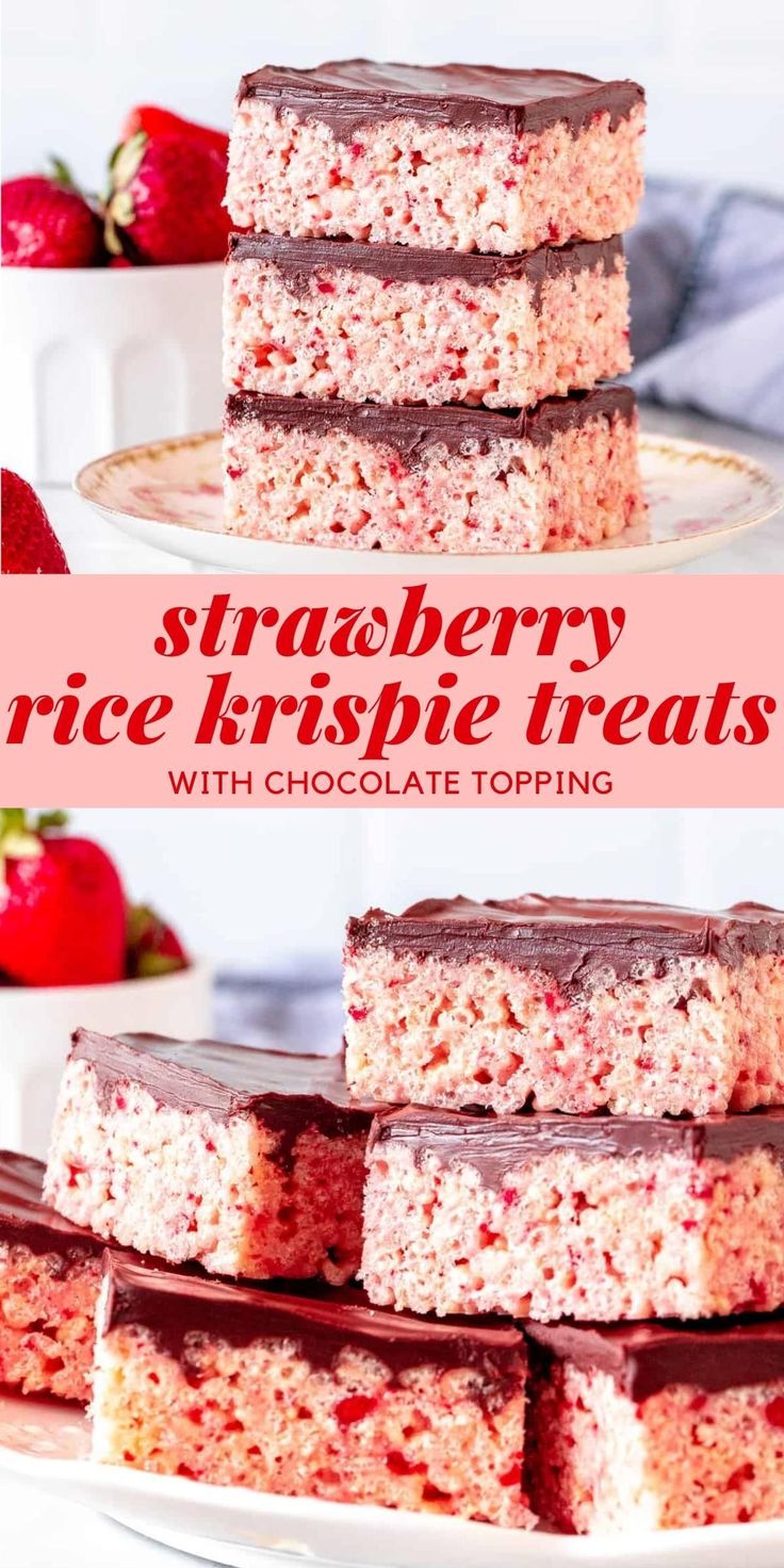 strawberry rice krispy treats with chocolate toppings stacked on top of each other in front of strawberries