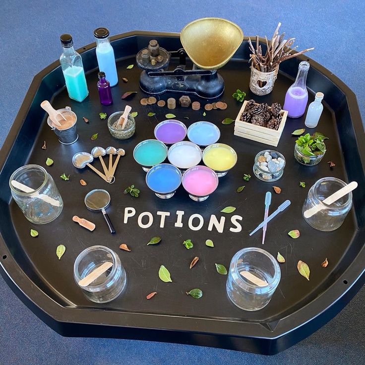 a black tray with various items on it