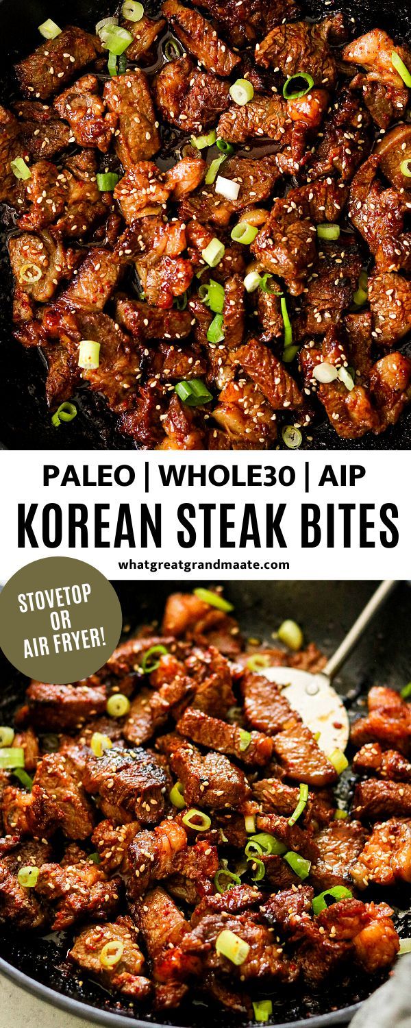 korean steak bites are being cooked in a skillet