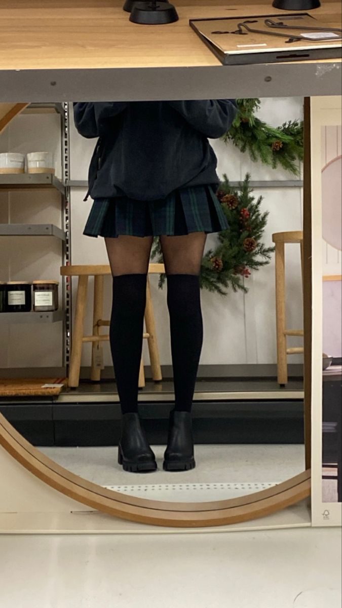 Knee High Boots Stockings Outfit, Stockings With Socks Outfit, Tights With Knee High Socks, Black Knee High Stockings Outfit, Knee High Socks With Loafers, Black Knee High Socks Outfit Aesthetic, Skirt With Thigh High Socks Aesthetic, Long Socks Winter Outfit, Tall Sock Outfits