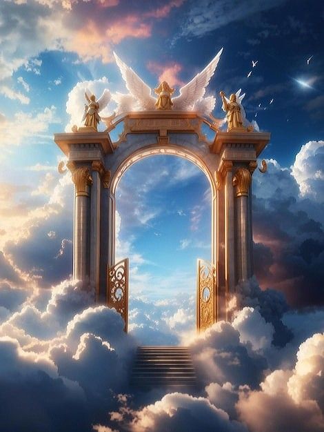 an archway in the clouds with angels on top and stairs leading up to it,