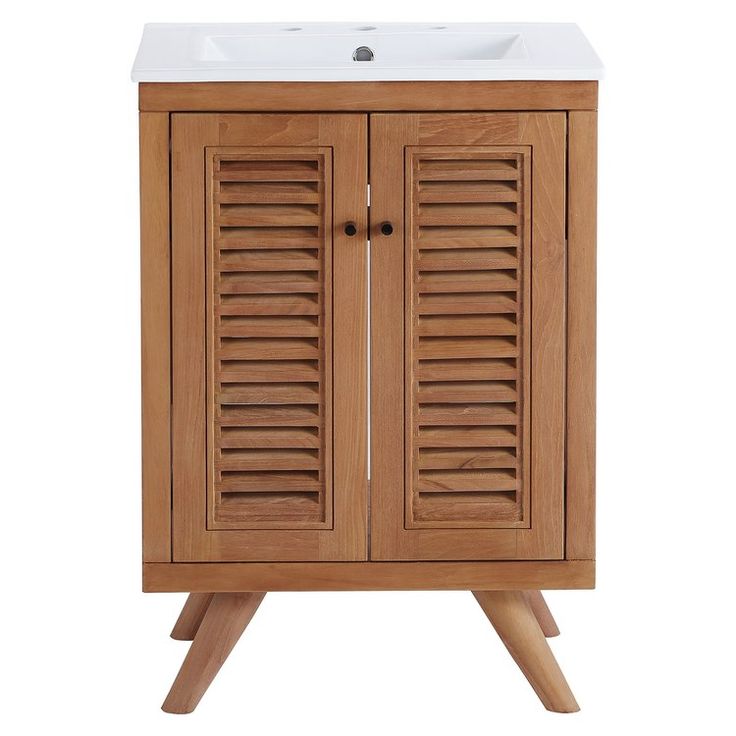 a wooden cabinet with shutters and a white sink