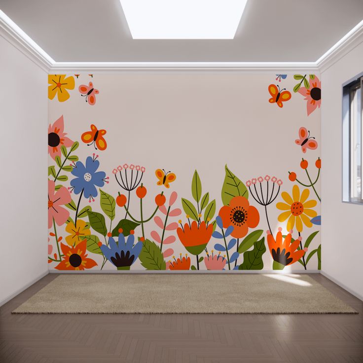 an empty room with flowers and butterflies painted on the wall, along with a window