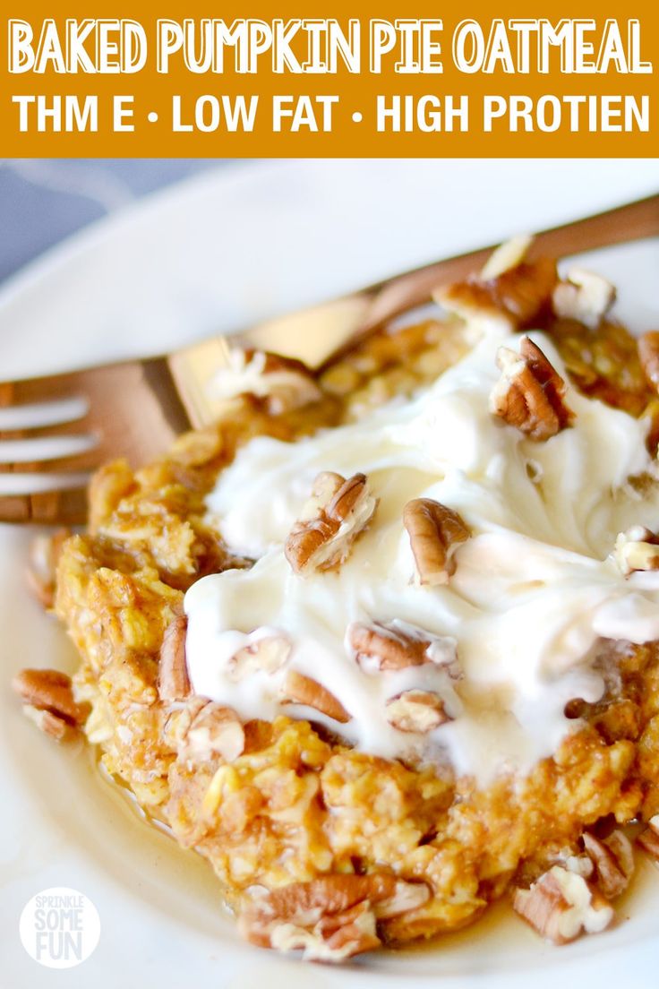 baked pumpkin pie oatmeal with white frosting and pecans on top