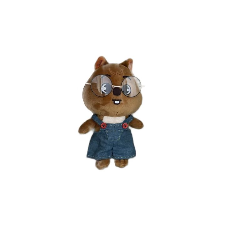 a small stuffed animal with glasses on it's face and eyes, wearing overalls