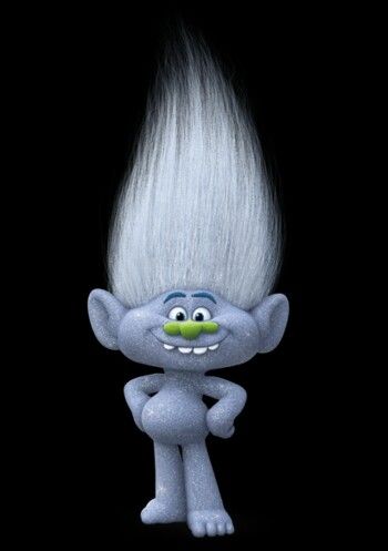 an animated troll with white hair and green eyes standing in front of a black background