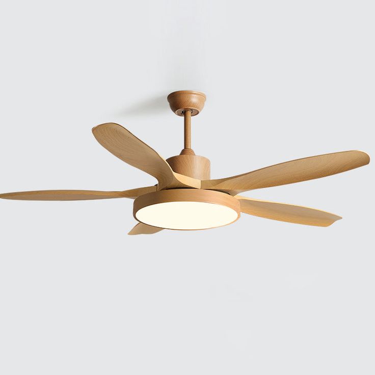 a ceiling fan with three wooden blades on the top and two light bulbs at the bottom