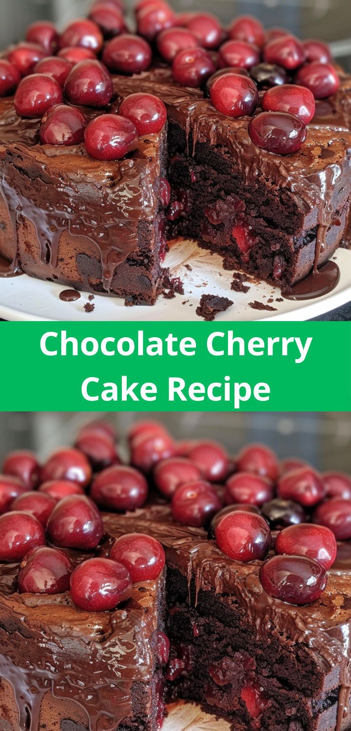 chocolate cherry cake recipe with cherries on the top and bottom, two pictures side by side