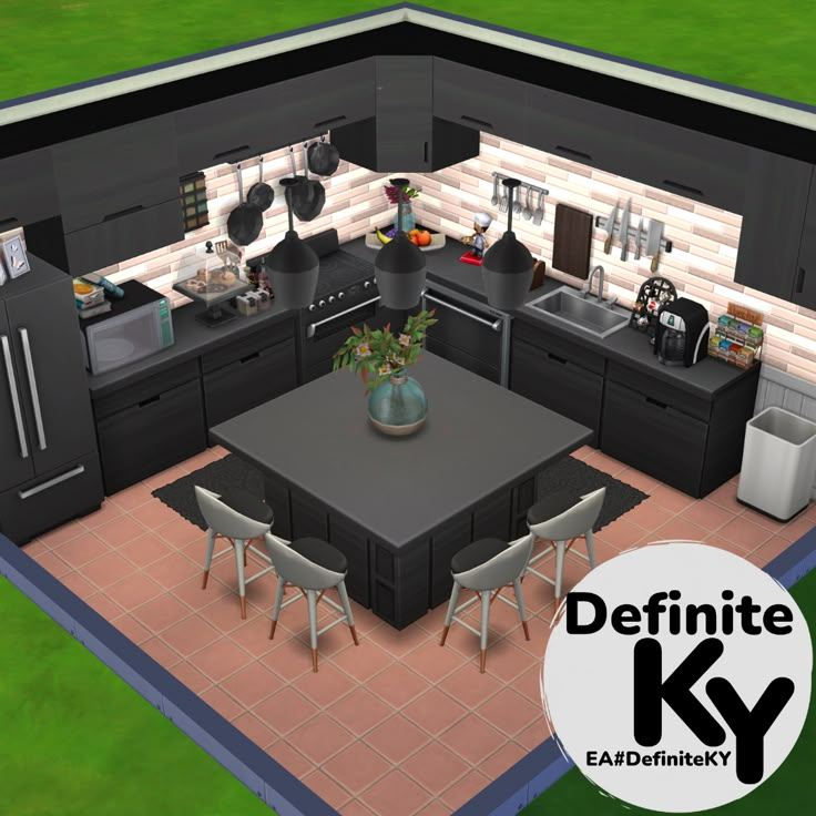 the kitchen is very large and has black cabinets