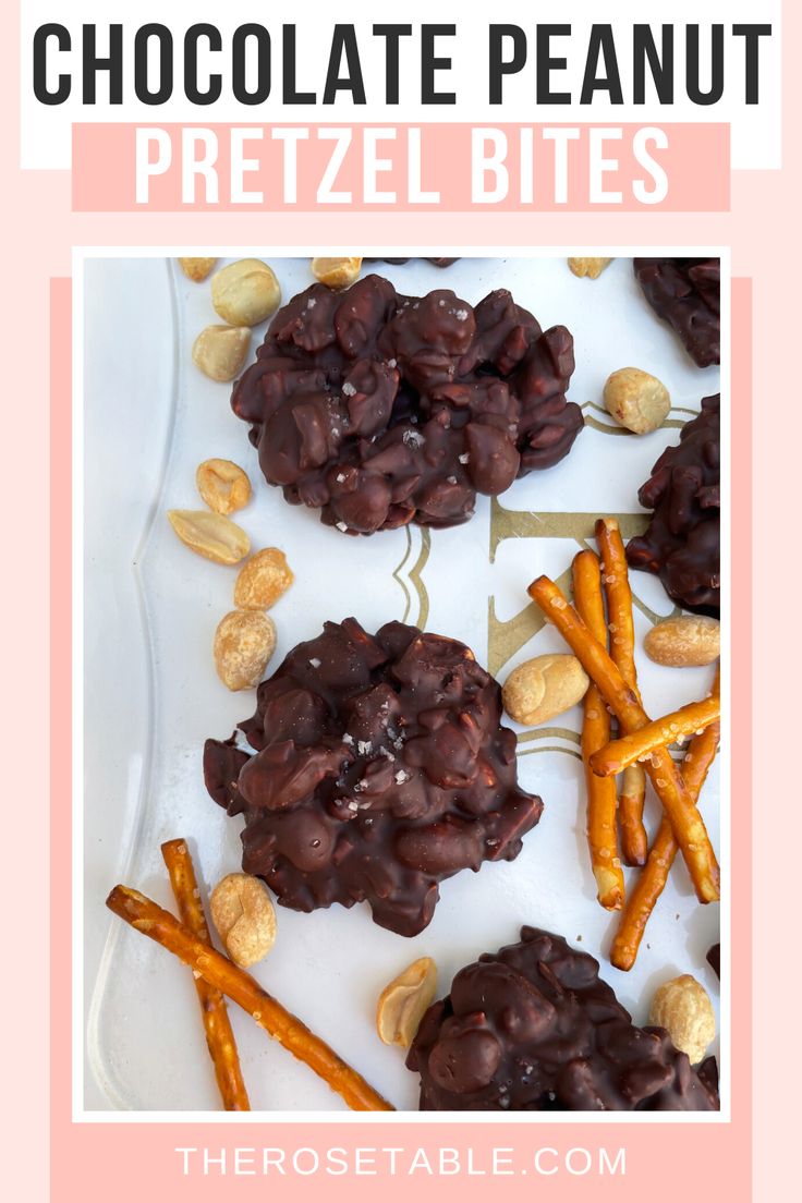 chocolate peanut pretzel bites on a white plate