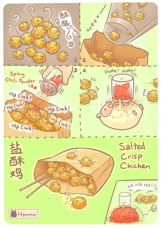 some food that is being cooked in different stages and sizes, including fried chicken with sauce on