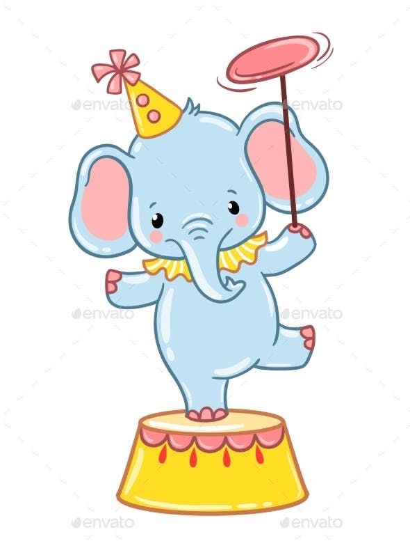 an elephant with a party hat and umbrella on top of a circus ring - animals characters