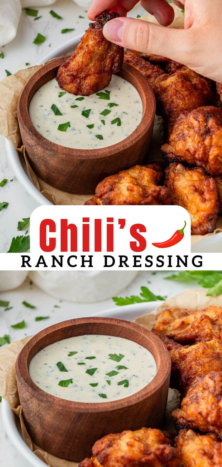 this is an advertisement for chili's ranch dressing with chicken wings in a wooden bowl