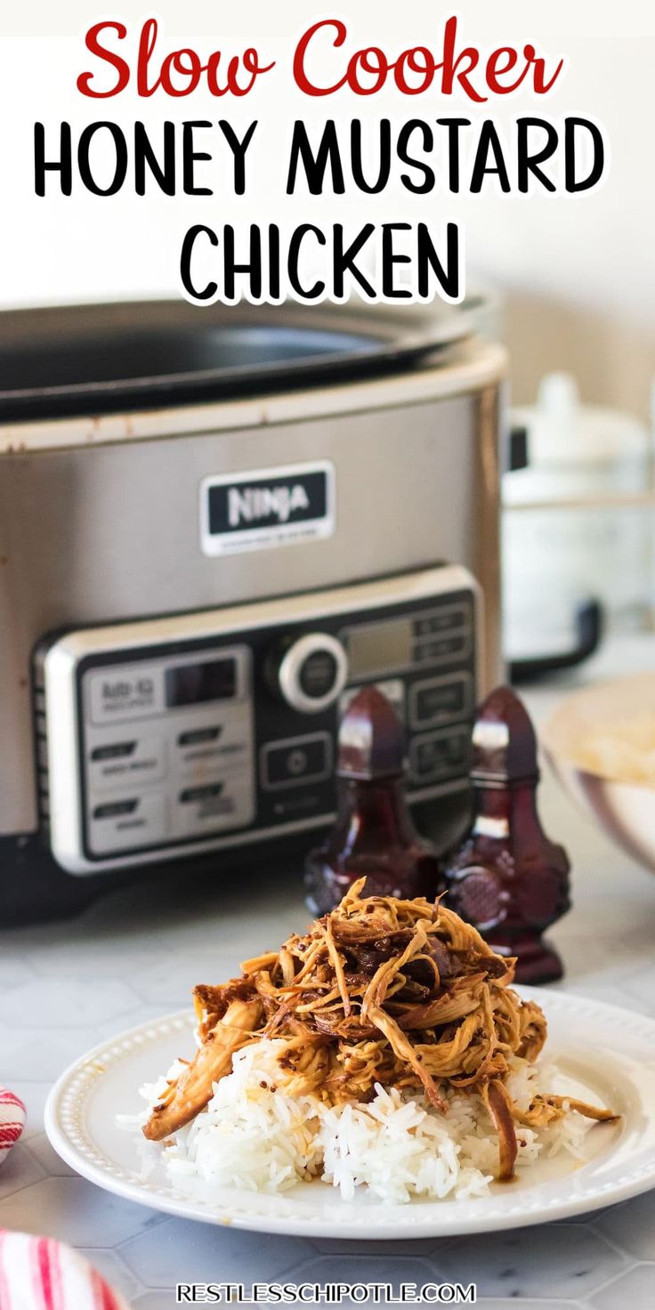 slow cooker honey mustard chicken on a plate next to an instant pot roaster