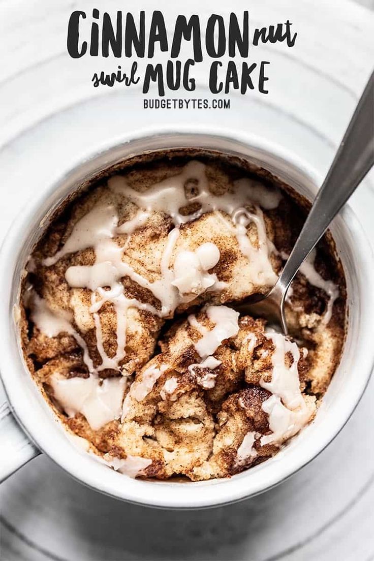 cinnamon bundt cake in a white bowl with a spoon on the side and text overlay