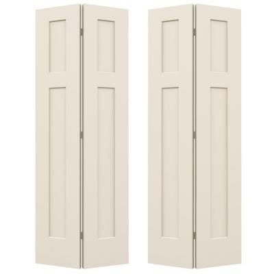 two white doors are open and closed on the same side, with one door opened