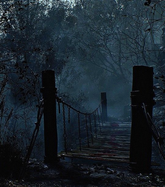 a wooden bridge in the middle of a forest at night with fog coming from the trees