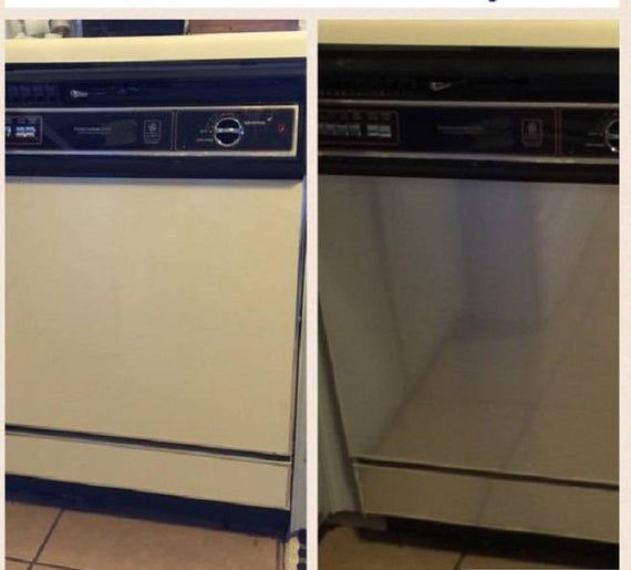 two pictures of the same dishwasher in different stages of being cleaned