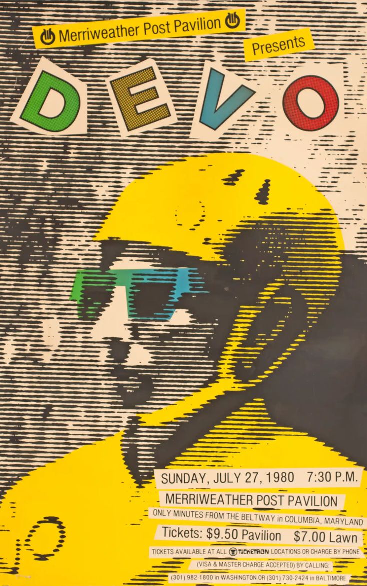 the poster for devo is shown in black and yellow