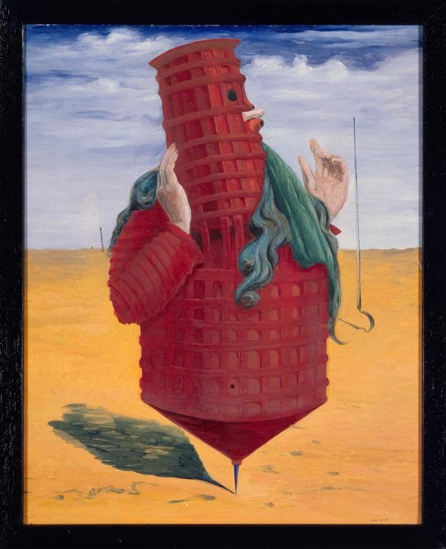 a painting of a man holding a giant red object in the desert with two mice on it