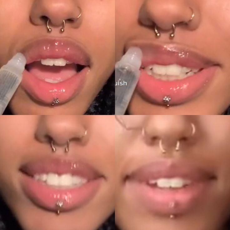 three different images of the same woman's nose with piercings on her nose