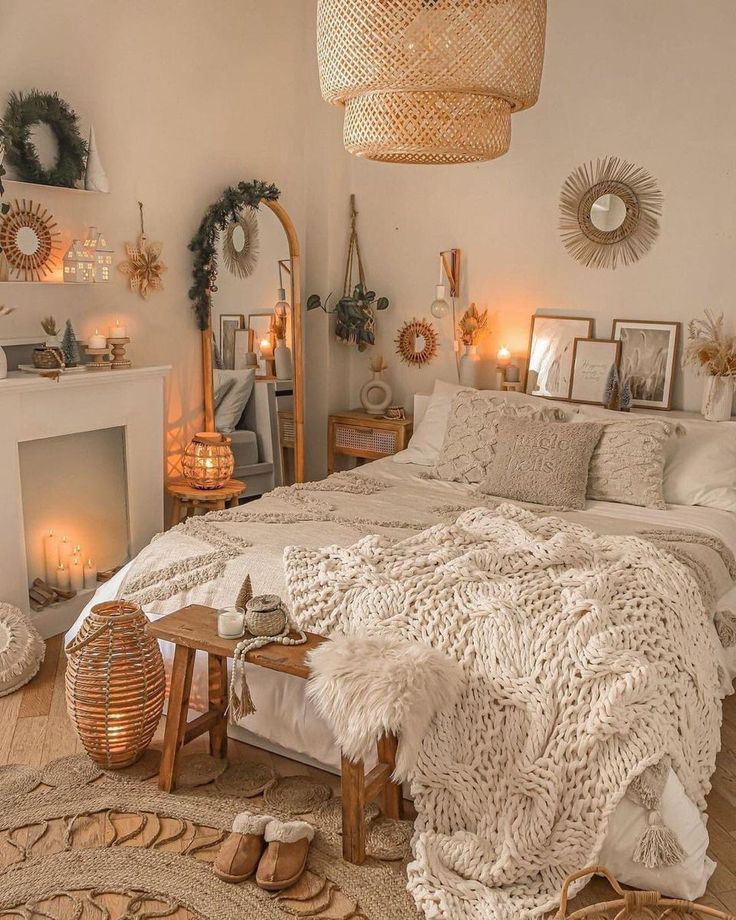 a bedroom decorated in neutral tones and wicker furniture with candles on the fireplace mantel