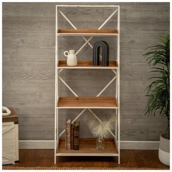 a white shelf with books and vases on it in front of a wooden wall