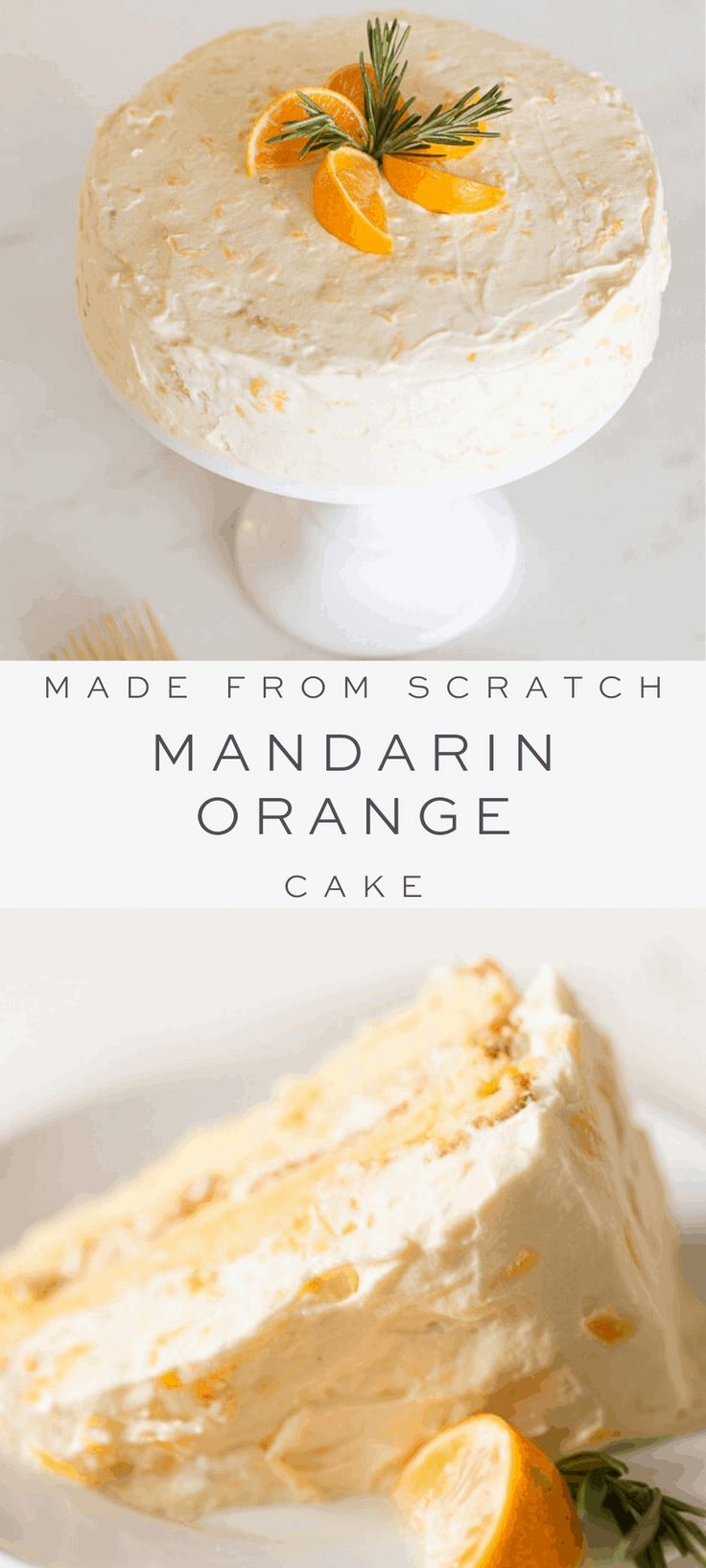 an orange cake on a white plate with the words mandarin orange cake made from scratch