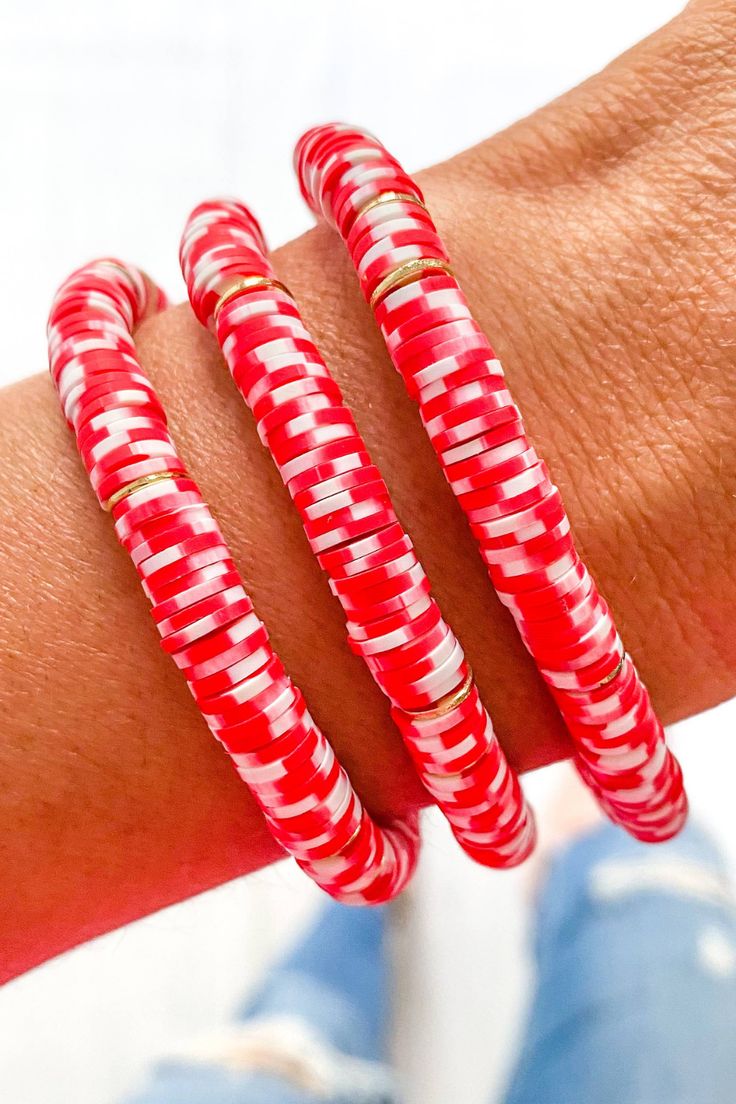 Candy Cane Heishi Bracelet | Bella Lucca Boutique Heishi Bracelet, Heishi Beads, Natural Products, Candy Cane, Embroidered Friendship Bracelet, Red White, Red And White, Create Your, Create Your Own