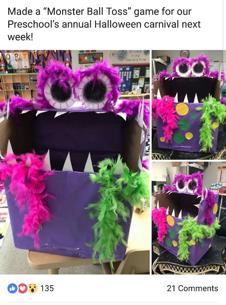 an image of a monster box made out of purple paper and green pom poms