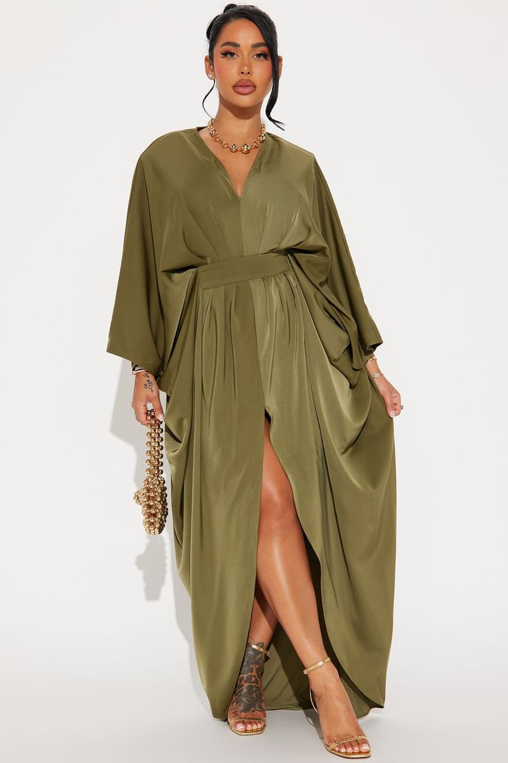 Spectacular Woman Satin Maxi Dress - Olive | Fashion Nova, Dresses | Fashion Nova Chic V-neck Dress With Side Slits, V-neck Maxi Dress With Side Slits For Brunch, Green V-neck Maxi Dress With Side Slits, Flowy V-neck Maxi Dress For Night Out, Green Maxi Length V-neck Dress For Brunch, Longline Dress For Date Night In Spring, Longline Dress For Spring Date Night, Green Long Sleeve Maxi Dress With Side Slits, Spring Evening Longline Dress