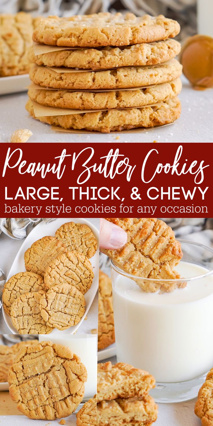 peanut butter cookies are stacked on top of each other with a glass of milk next to them