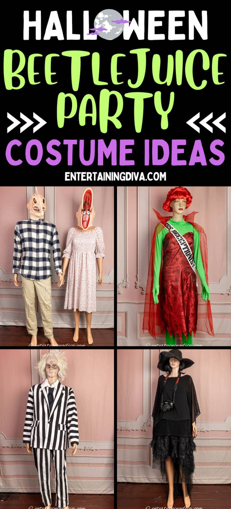 The Best Beetlejuice Costume Ideas | Beetlejuice Party Homemade Beetlejuice Costume, Beetle Juice Characters Costume Ideas, Beetlejuice Group Costume, Diy Beetlejuice Costume Women, Diy Beetlejuice Costume, Beetlejuice Costume Diy, Beetlejuice Halloween Party, Halloween Party Costume Ideas, Beetlejuice Suit