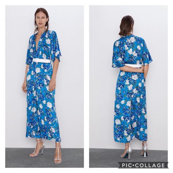 Nwot Zara Blue Floral Print Jumpsuit Flowing Jumpsuit With A High Collar, V-Neck, Short Sleeves, In-Seam Side Pockets, Elastic Inner Waist. Note: Belt Not Included ** Bundle 2+ And Save 20% Off ** Flowing Jumpsuit, Floral Print Jumpsuit, Print Jumpsuit, Blue Floral Print, Printed Jumpsuit, Zara Pants, Zara Black, High Collar, Blue Floral